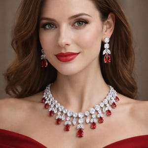 Robijnroze druppelvormige bruidsketting oorbellen set, zilverkleurige CZ diamanten sieraden