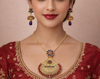 Kundan Pearl Indiase bruidssieradenset, gouden Jhumki-oorbellen