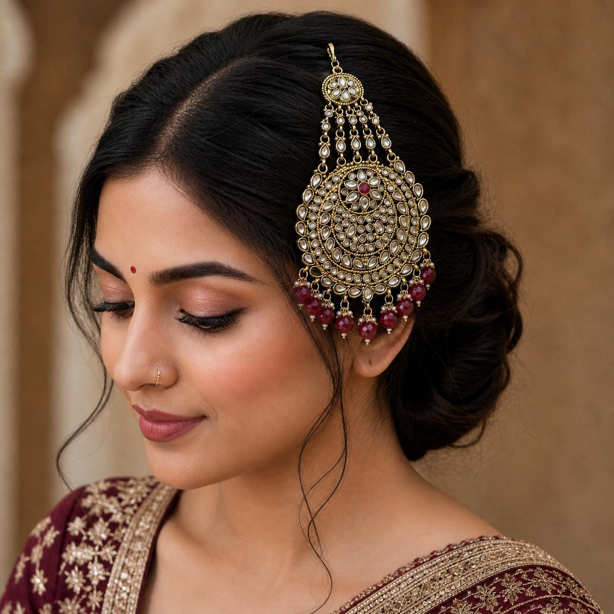 Gold Deep Red Kundan Pearl Jhoomar Side Tikka, Pearls Beads Bridal Headpiece