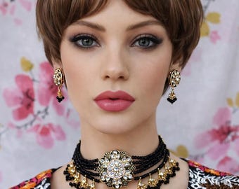 Kundan Pearl Choker Necklace Earrings Set, Gold Plated Indian Bridal Jewelry