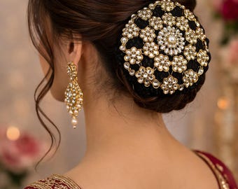 Kundan Bridal Hair Bun Cover. Antique Gold Juda Net, Indian Wedding Jewelry
