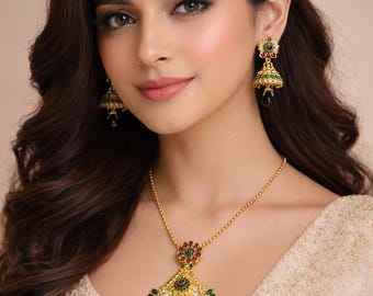 Kundan Pearl Indiase bruidssieradenset, gouden Jhumki-oorbellen