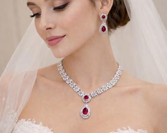 Ruby Pink CZ Diamond Necklace Set, Silver Plated Bridal Jewelry
