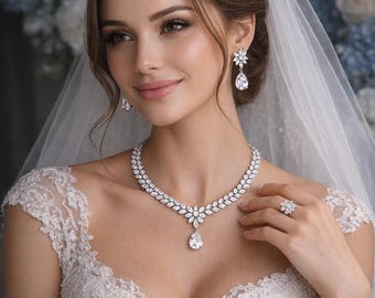 CZ Diamond Bridal Jewelry Set, Silver Necklace Earrings Bracelet Ring