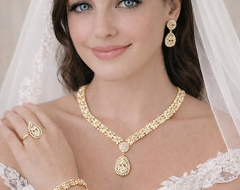 Gold Plated CZ Diamond Bridal Jewelry Set, Indian Wedding Necklace Earrings Bracelet Ring