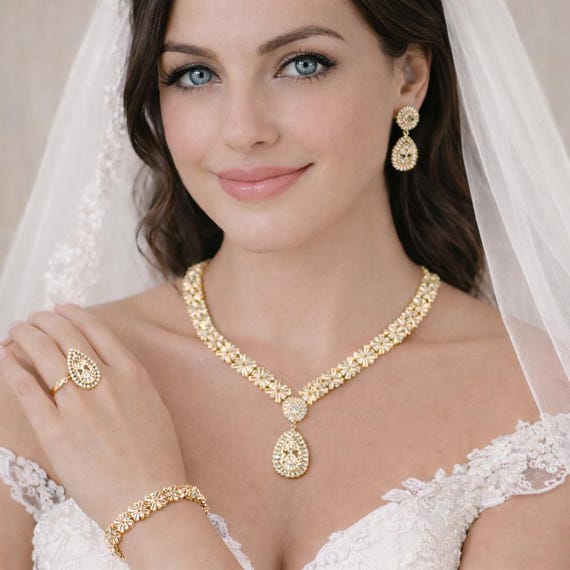 Gold Plated CZ Diamond Bridal Jewelry Set, Indian Wedding Necklace Earrings  Bracelet Ring - Etsy