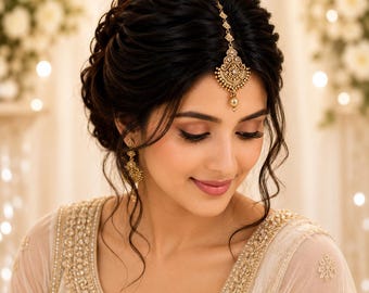 Antique Gold Plated Maang Tikka with CZ Stones | Traditional Bridal Hair Ornament | Indian Ethnic Wedding Jewelry | Floral Hair Piece