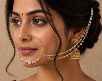 Gold Plated Pearl Nose Ring Nath, Indian Bridal Jewelry