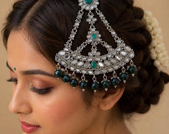 Emerald Green Mirror Jhoomar, Side Tikka, Bridal Hair Jewelry, Silver Passa