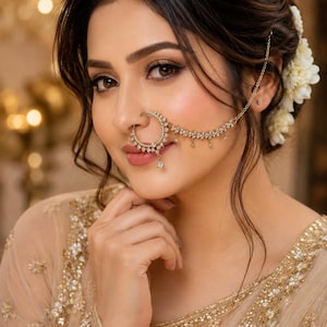 May include: A gold-toned nose ring featuring a circular hoop adorned with clear crystals and small dangling accents. A delicate gold chain connects the nose ring to a hair attachment, complemented by a beige garment with gold embroidery.