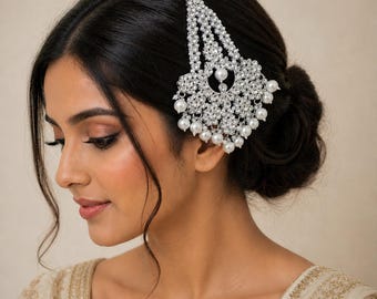 Srebrny Kundan i perła Jhoomar, Bridal Passa, indyjska biżuteria ślubna do włosów