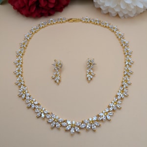 Indian Bridal CZ Diamond Gold Plated Necklace Set, Cubic Zirconia Wedding Bridal Jewelry Set, Necklace and Earrings Set, Jewellery Set