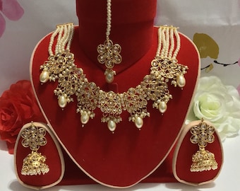 Kundan Pearl Bridal Necklace Set, Jhumki Earrings Tikka, Gold Plated Indian Jewelry