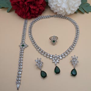 Indian Bridal CZ Diamond Silver Plated Emerald Necklace Set, Cubic Zirconia Wedding Bridal Jewelry Set, Necklace Earrings Ring Bracelet Set