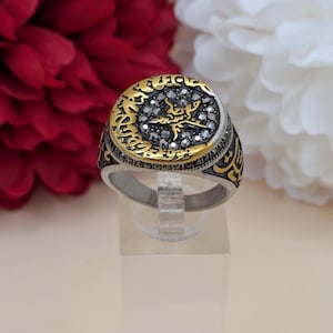 Crescent Moon and Star Silver Two Tone Plated Vintage Black Zircon Ring, Religious Jewellery, Islamic Muslim Ring, Unisex Ring, Wedding Band