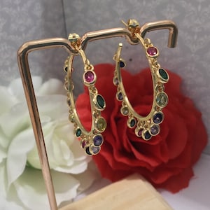 Indian Gold Plated Colourful Hoop Earrings, CZ Diamanté Gold Wedding Earrings, Multi Colour Hoop Earrings, Pakistani Earrings, Party Earring
