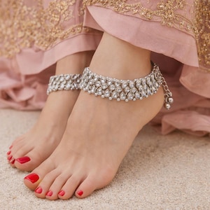 Silver Plated Anklet, Multi Layer Beaded Pazaib, Ethnic Boho Foot Jewelry