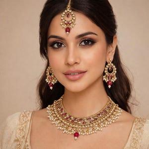 Handgefertigte Kundan Halskette Set mit Perlen, Rubin Akzente | Vergoldeter indischer Schmuck, Chandbali Ohrringe, Maangtikka
