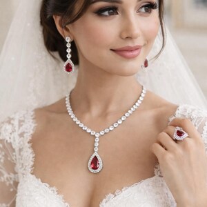 Indian Bridal CZ Diamond Silver Plated Ruby Pink Necklace Set, Wedding Jewelry
