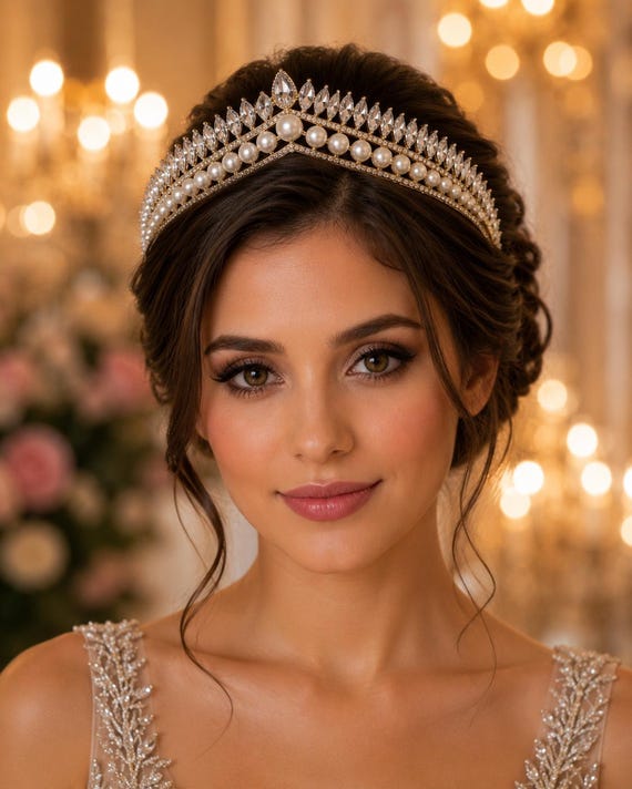 Pearl CZ Bridal Tiara, Gold V Shaped Wedding Crown, Ivory 