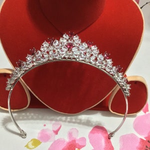 Ruby Pink CZ Diamond Bridal Tiara, Silver Wedding Headpiece