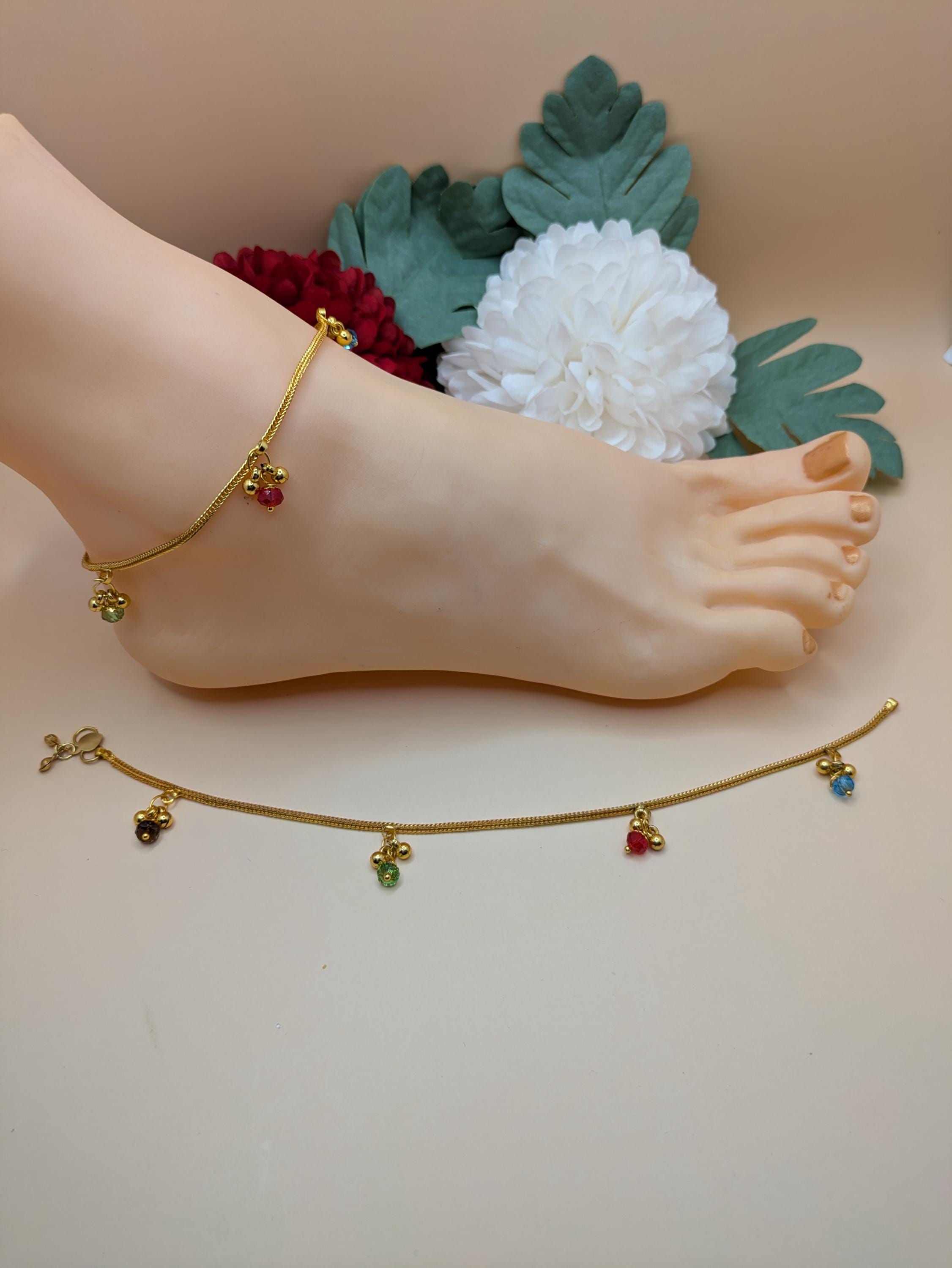 Pair of Indian Golden Anklets, Jhangar, Pazaib, Foot Jewelry