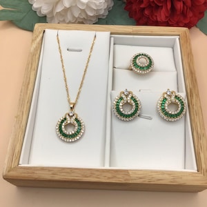 Bridal Jewelry Set, 4PCS Pendant Necklace Earrings Ring Set, Gold Plated Emerald Wedding Bridal Gem Jewelery Set, Locket Earrings Ring Set