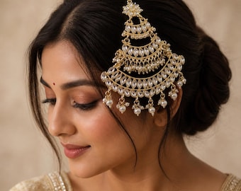 Light Gold Kundan Pearl Jhoomar Side Tikka, Pearls Beads Bridal Headpiece