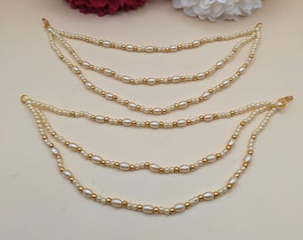 3 Layer Pearl Gold Beaded Sahara Chain, Elegant Ethnic Hair Accessory