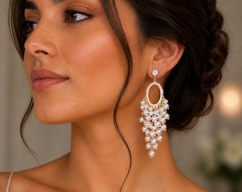 Gold Plated Pearl Chandelier Earrings, Bridal Statement Drop Wedding Jewelry