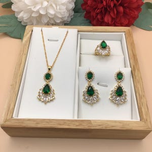 Bridal Jewelry Set, 4PCS Pendant Necklace Earrings Ring Set, Gold Plated Emerald Wedding Bridal Gem Jewellery Set, Locket Earrings  Ring Set