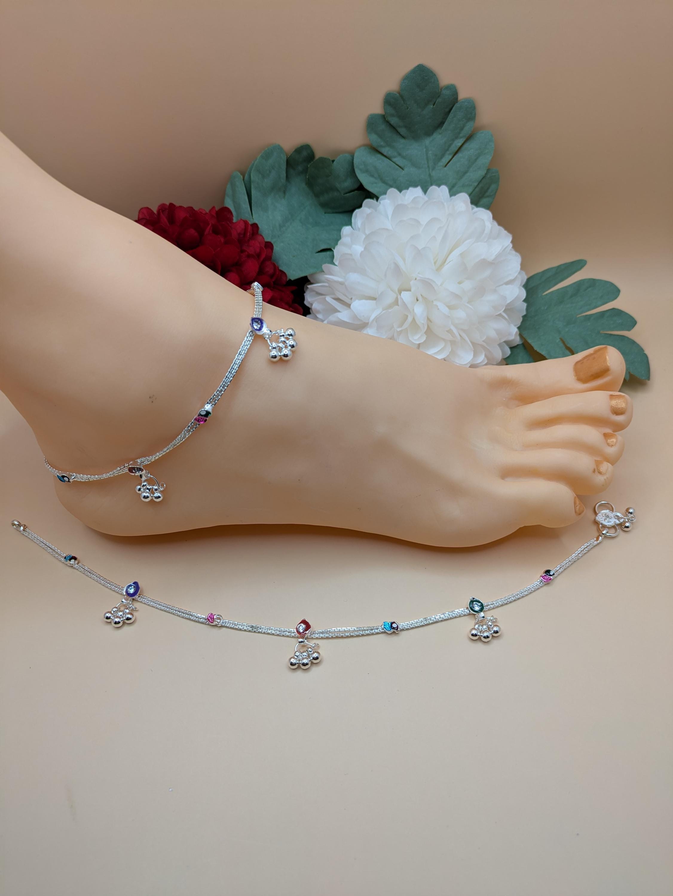 Pair of Indian Silver Crystal Anklets, Jhangar, Pazaib, Foot