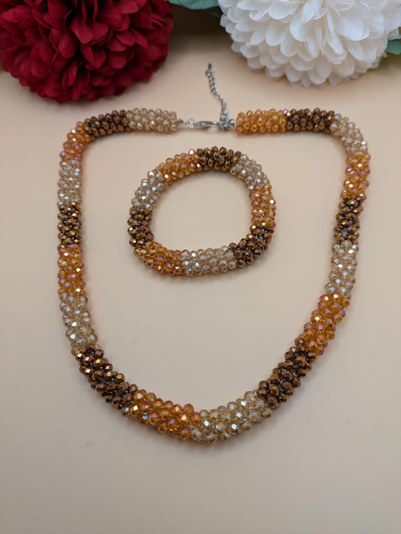 Neutral Brown Tone Triple Layer Brown, Clear & Gold Mix Beaded Necklace main image 0
