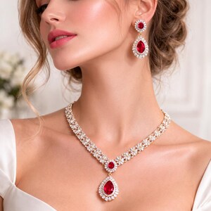 Gold Plated Ruby Pink CZ Diamond Bridal Necklace Set