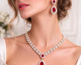 Gold Plated Ruby Pink CZ Diamond Bridal Necklace Set