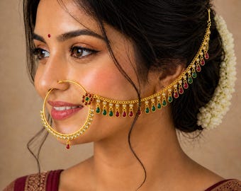 Gold Plated Kundan Nathni, Indian Nose Ring, Indian Bridal Jewelry