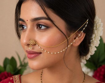 Kundan Pearl Non Piercing Nath, Indian Nose Ring, Bollywood Jewelry