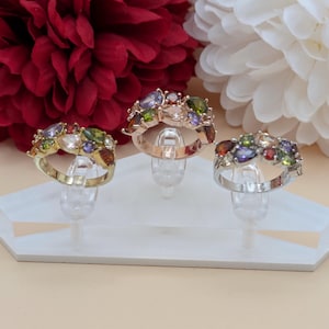 Gold Plated Zircon Cocktail Ring, Multi Gems Wedding Jewelry