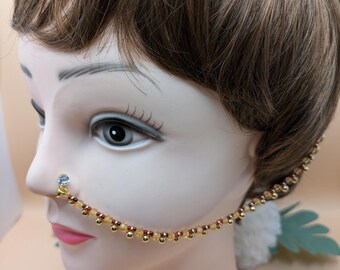 Gold Plated Indian Nose Ring, Beaded Nath with Clip