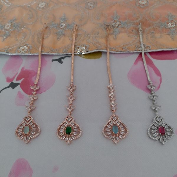 Maang Tikka, Damini, CZ Diamond Silver / Rose Gold Tikka, Bridal Maang Tikka, Bridal Jewelry, Wedding Jewellery, Shishful, Pakistani Jewelry