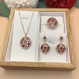 Bridal Jewelry Set, 4PCS Pendant Necklace Earrings Ring Set, Rose Gold Plated Multi Wedding Bridal Gem Jewelry Set, Locket Earrings Ring Set