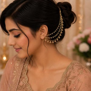 May include: A gold-colored ear cuff with a delicate design. The ear cuff features three cascading strands adorned with small floral and pearl-like accents. The jewelry is worn on the ear and extends up towards the hair, creating an elegant look.