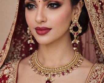 Gold Plated Kundan Bridal Jewelry Set – Chandbali Earrings & Maangtikka