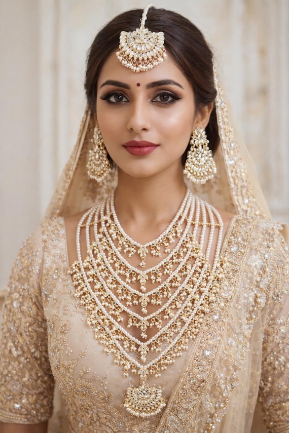 wedding dress gold jewelry Pearl Kundan Bridal Set, Light Layer Indian Necklace, Maang Tikka Earrings gold dress jewellery