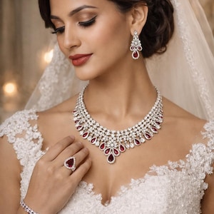 CZ Diamond Bridal Jewelry Set, Silver Plated Ruby Red Necklace, Ring, Earrings, Bracelet