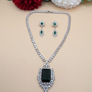 Indian Bridal Luxury CZ Diamond Silver Plated Emerald  Necklace Set, Cubic Zirconia Wedding Bridal Jewelry Set, Necklace and Earrings Set