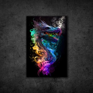 Dragon Sci-Fi Wall Art | Modern Watercolor Fantasy Illustration Poster | Epic Neon Abstract Print | Gamer Room Decor Bedroom Living Room