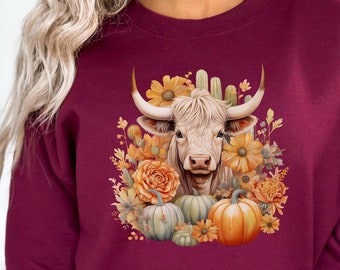 Highland Cow Fall Sweatshirt, Cow Pumpkin Sweater, Fall Heifer Shirt, Western Cow Shirt, Highland Cow Shirt, Fall Vibes Shirt, Fall Sweater