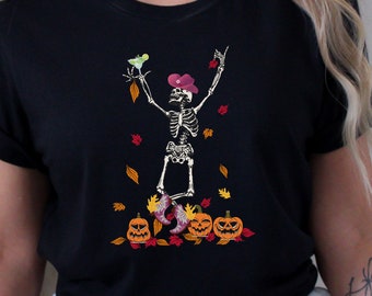 Western Skeleton Halloween Shirt, Dancing Skeleton Shirt, Cowgirl Skeleton Shirt, Cocktail Shirt, Margarita Shirt, Skeleton Shirt Pumpkins