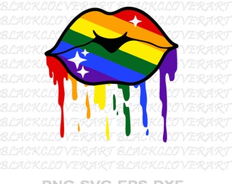 Könnte beinhalten: Ein Regenbogen-Lippen-Design mit tropfender Farbe in den Farben des Regenbogens. Der Hintergrund ist schwarz mit dem Text "BLACK CLOVERART" wiederholt.